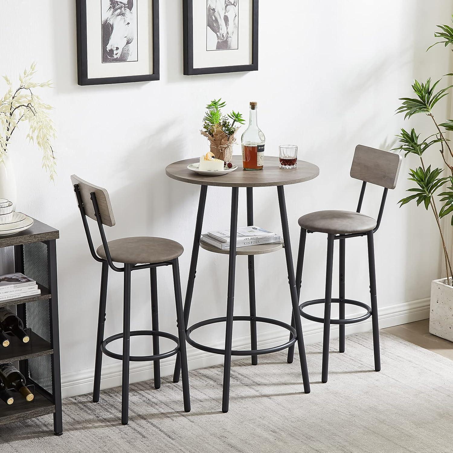 Kitchen Bar Table Set, 3-Piece Bar Table Set for Kitchen, Round Dining Room Set with 2 Upholstered Chairs, Gray Table and Chairs Dining Set for Pub Bistro Restaurant