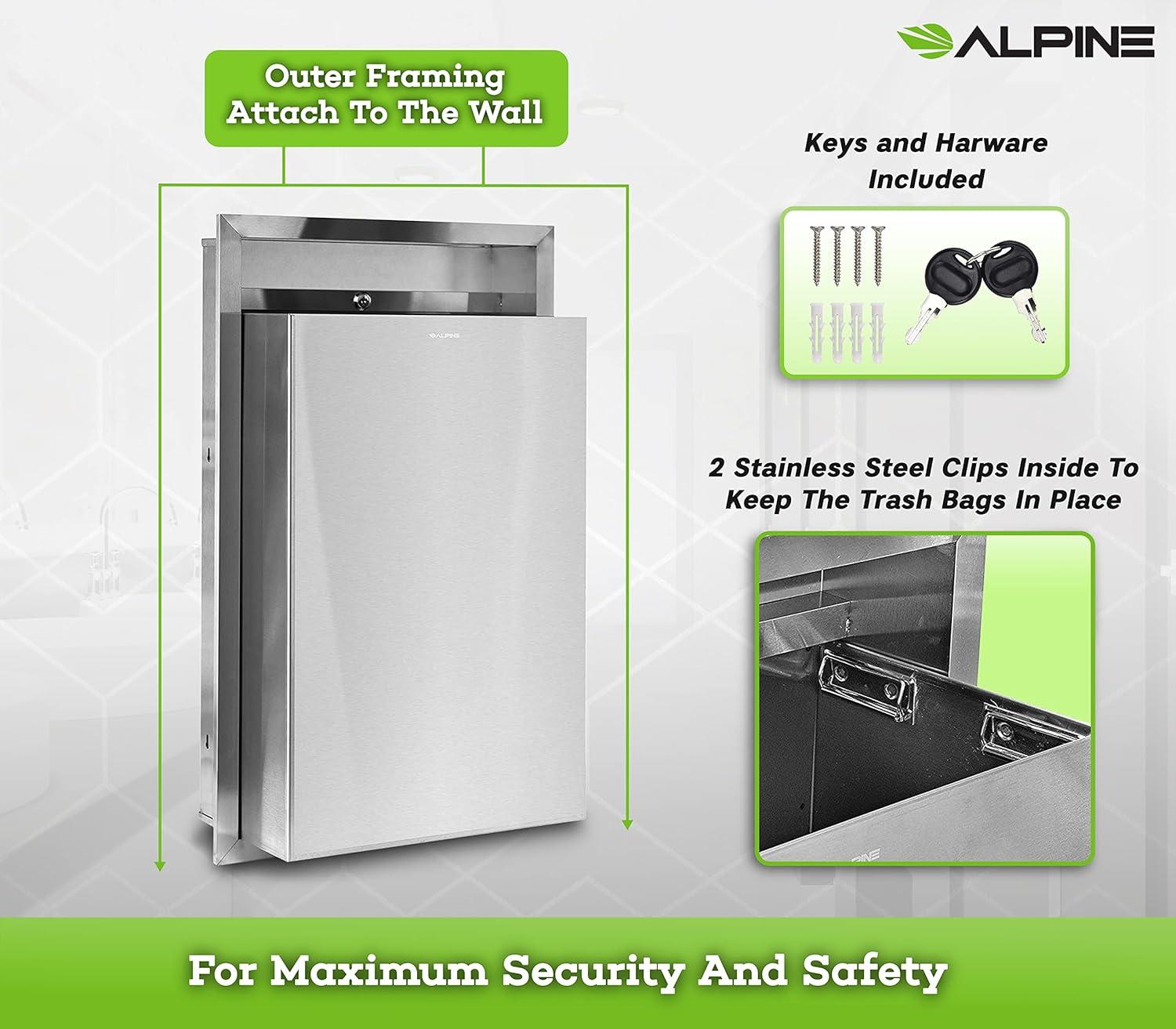 Alpine Recessed Waste Receptacle - Large 12 Gallon Brushed Finish Stainless Steel Mounted in Wall Trash Can for Commercial Bathrooms in High Traffic Areas Like Restaurant, Airport, Hotel, School