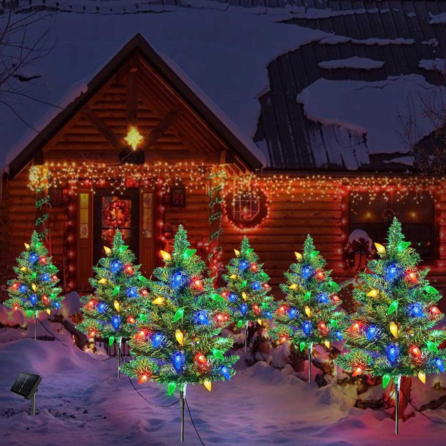 Homeleo 4 Set Solar Christmas Tree w/ 80pcs C6 LED Christmas Lights for Outdoor Christmas Decorations,Solar Powered Prelit Small Christmas Tree for Holiday Outside Pathway Garden Yard Decor C42