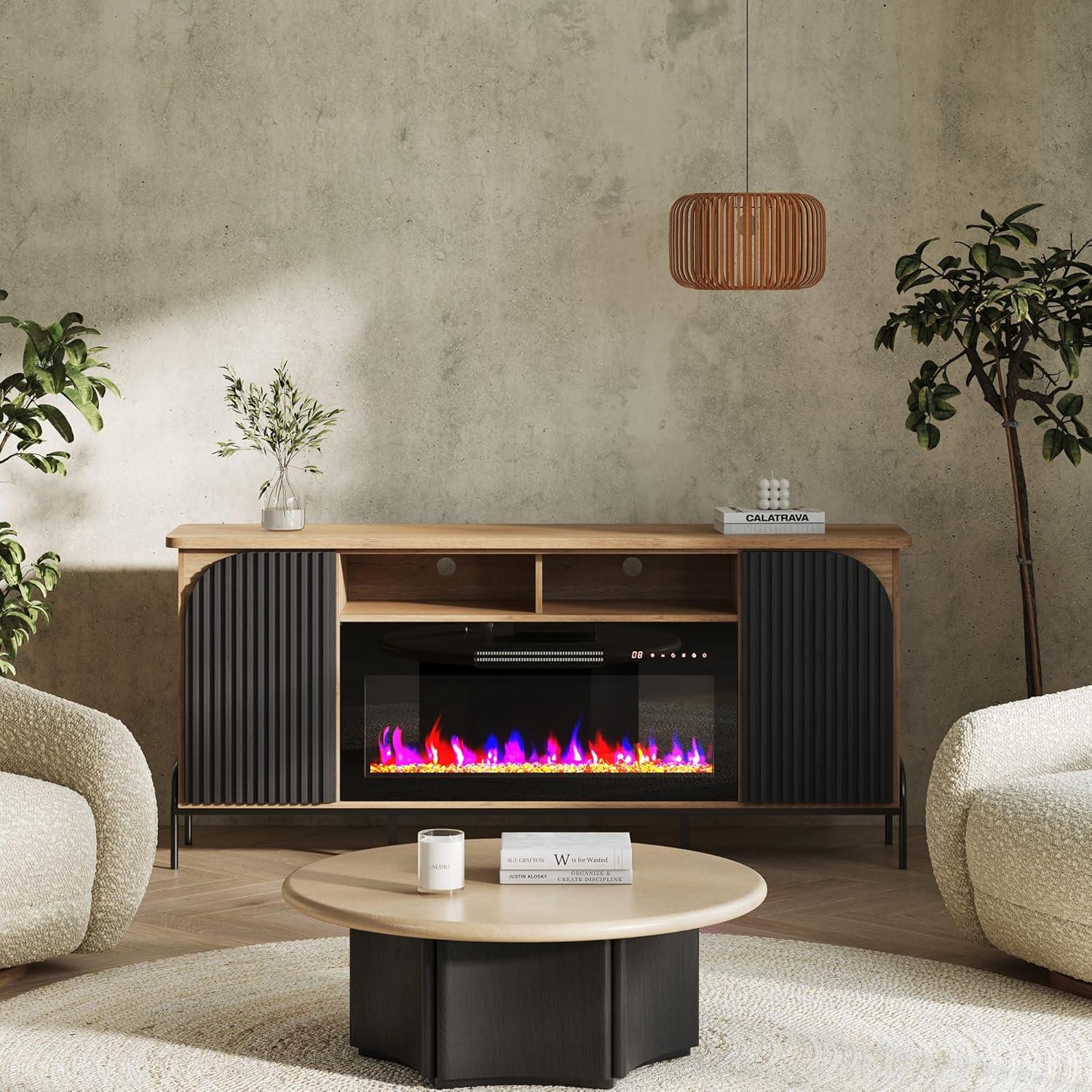 Belleze 68" Fluted TV Stand with 36" Electric Fireplace, Modern Entertainment Center with Storage for TVs Up to 75", Media Console with Curved Panel & Door