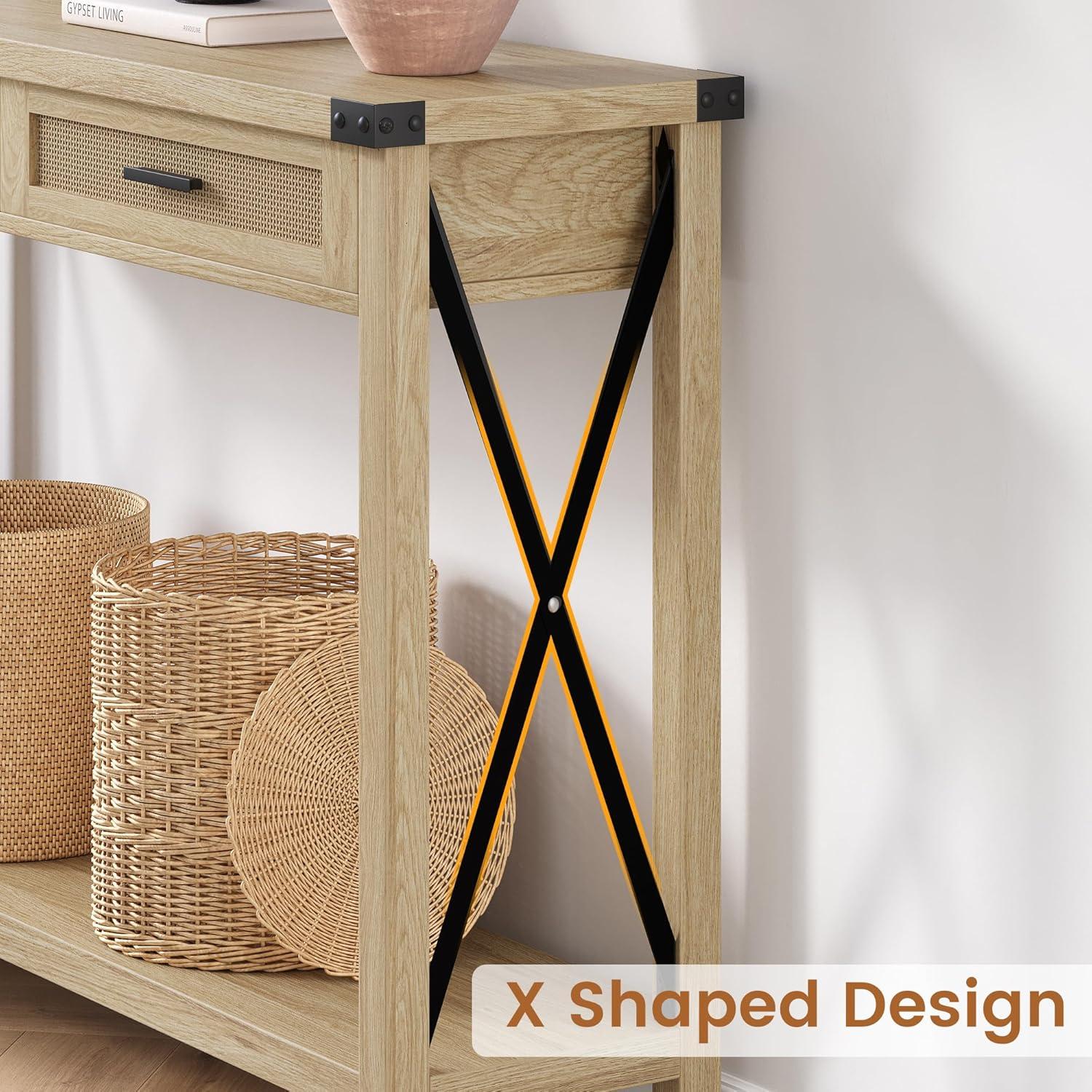 Boho Entryway Table with Rattan Drawers, Console Table for Entryway, 43" Wood Sofa Table with Storage for Living Room, Hallway, Foyer