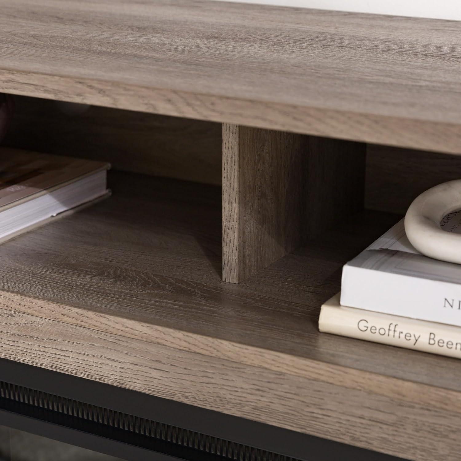 Walker Edison Glenwood Rustic Farmhouse Glass Door Highboy Fireplace TV Stand for TVs up to 65 Inches, 58 Inch, White Oak