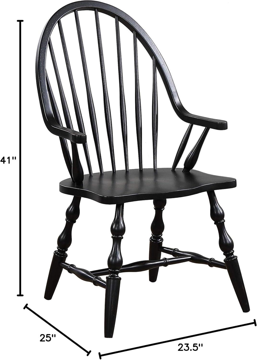 Sunset Trading Black Cherry Selections Windsor Spindleback Dining Chair with Arms | Fully Assembled Kitchen Armchair| Modern Farmhouse Minimalist Country Cottage | Antique Black Solid Wood