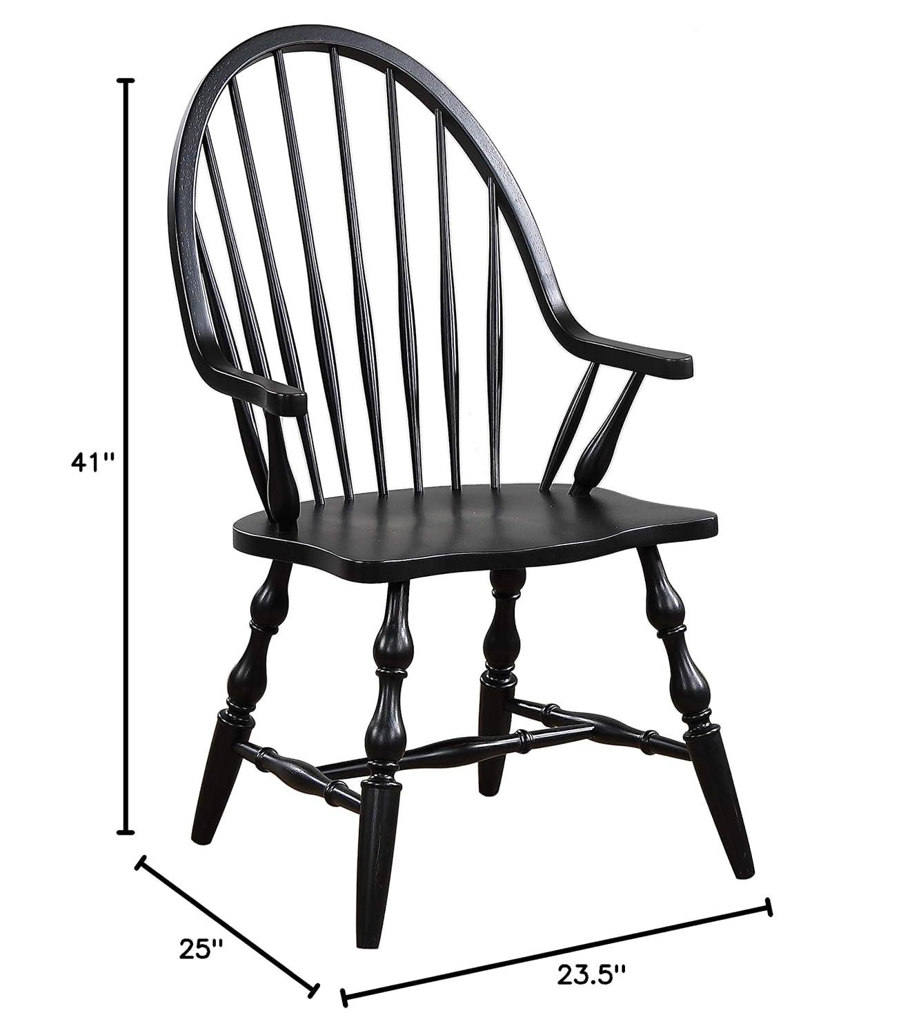 Sunset Trading Black Cherry Selections Windsor Spindleback Dining Chair with Arms | Fully Assembled Kitchen Armchair| Modern Farmhouse Minimalist Country Cottage | Antique Black Solid Wood