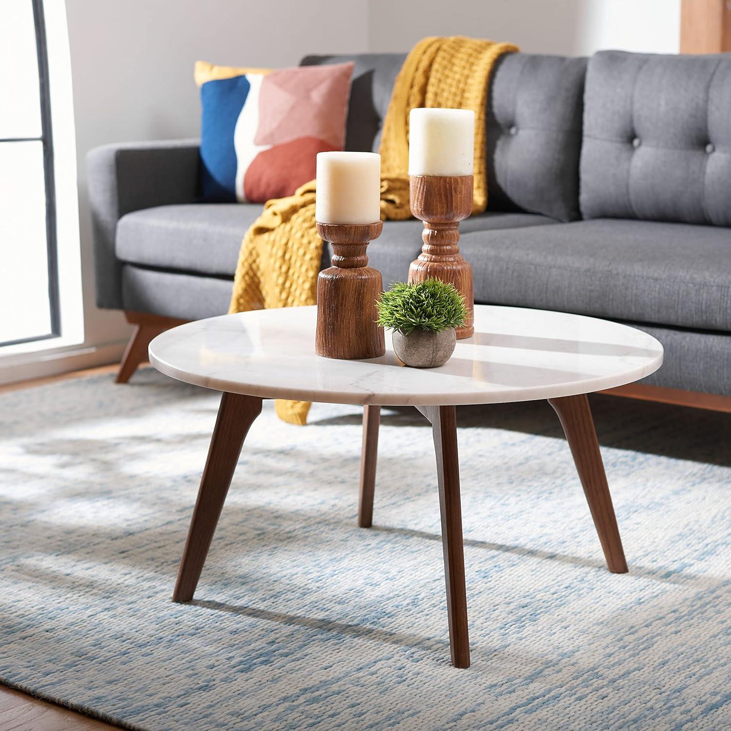 Mid-Century Modern 36" Round Marble & Walnut Coffee Table