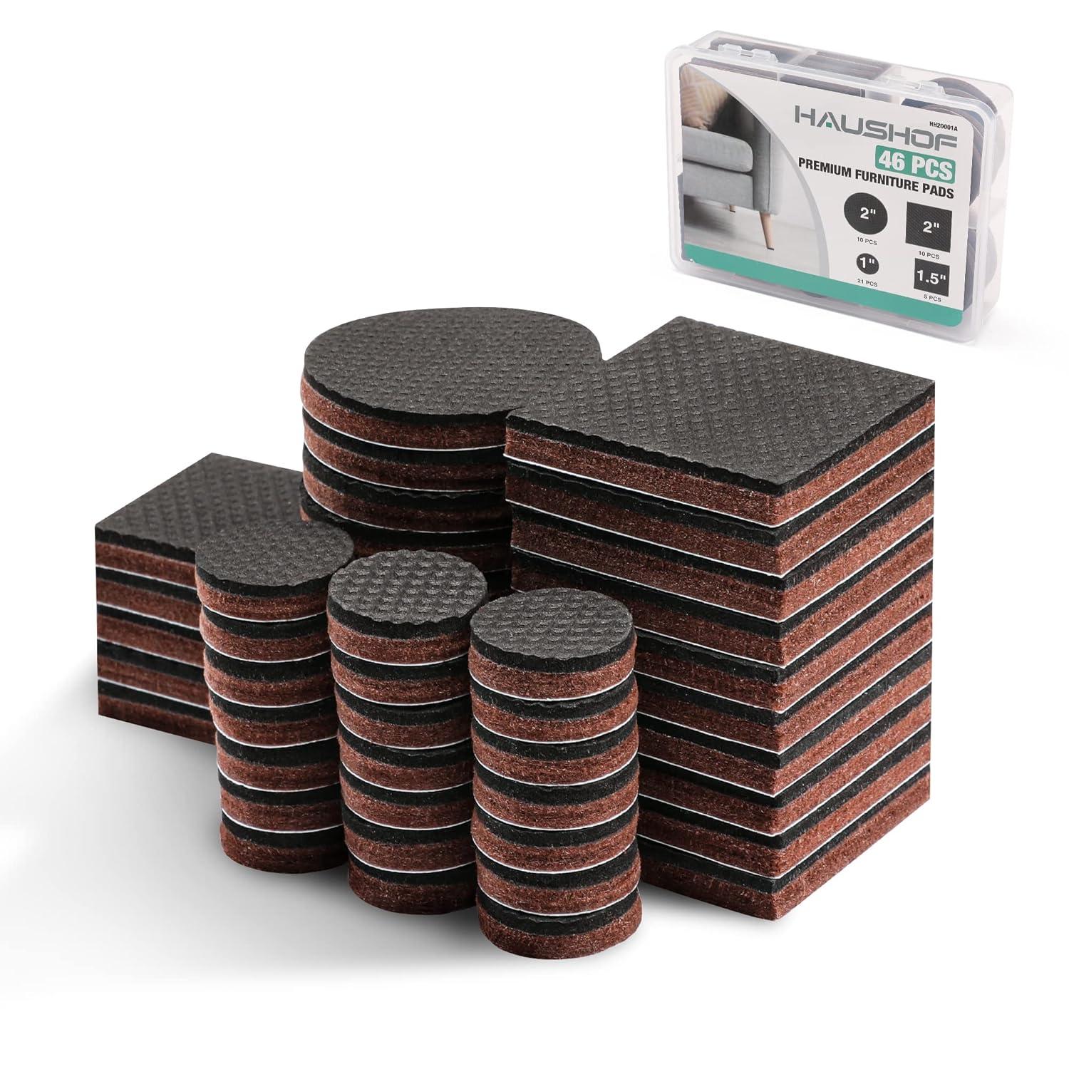 HAUSHOF 46-Piece Felt Furniture Pads, No Slip Furniture Pads Floor Protectors for Hardwood & Laminate Floors, Includes 2''(20pcs), 1.5''(5pcs), 1''(21pcs), Self-Adhesive, Anti-Scratch, Brown