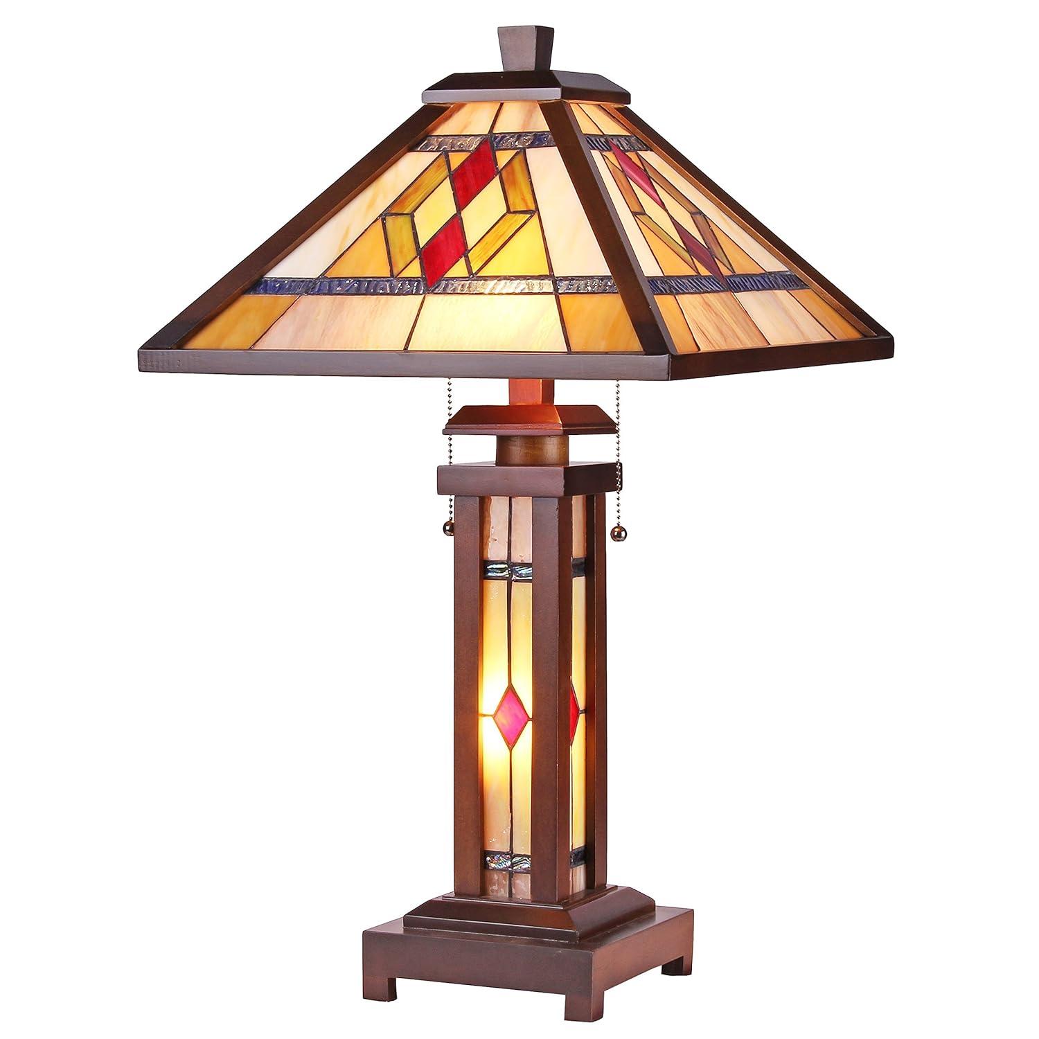 Chloe Lighting Gareth Tiffany-Style Mission 3 Light Double Lit Wooden Table Lamp 15" Shade