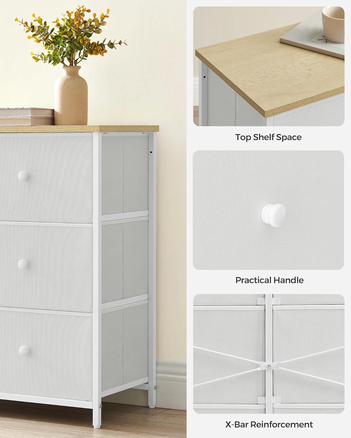 SONGMICS Dresser for Bedroom, Chest of Drawers, 6 Drawer Dresser, Closet Fabric Dresser with Metal Frame, Cream White and Oak ULTS323W57