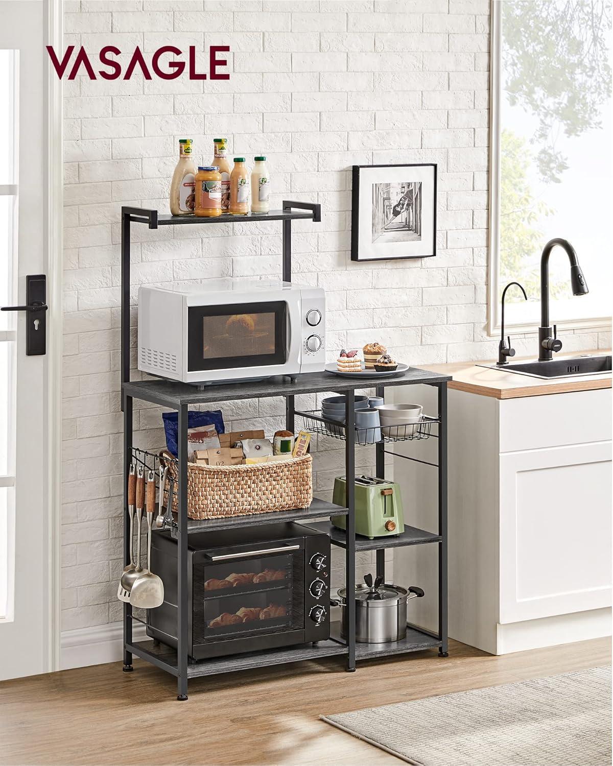 VASAGLE Baker's Rack Microwave Stand with Wire Basket 6 Hooks and Shelves,for Spices Pots and Pans Charcoal Gray and Black