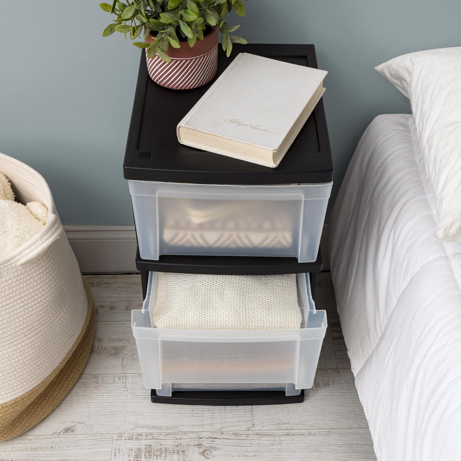 IRIS USA 3-Drawer Plastic Storage Dresser, 2-Pack, Standing Organizer Storage Container Bin with Drawers for Clothes Crafts Classroom, Black/Clear