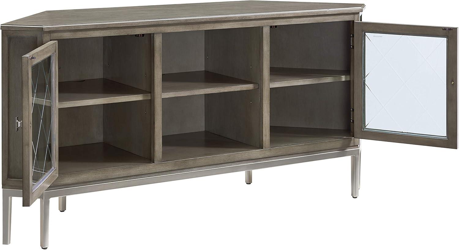 Gray Wood and Pewter Corner TV Stand with Glass Doors