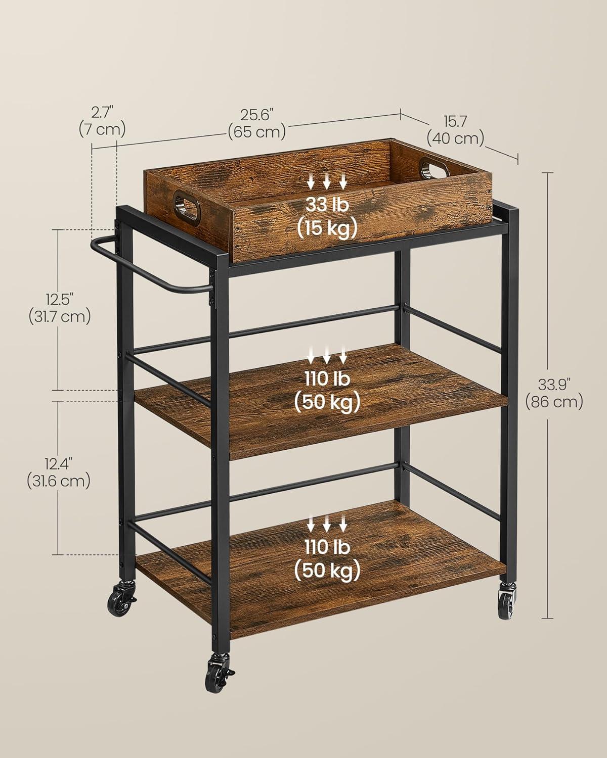 VASAGLE Industrial Bar Cart, Kitchen Serving Cart, 3-Tier Beverage Cart, Rustic Brown and Black