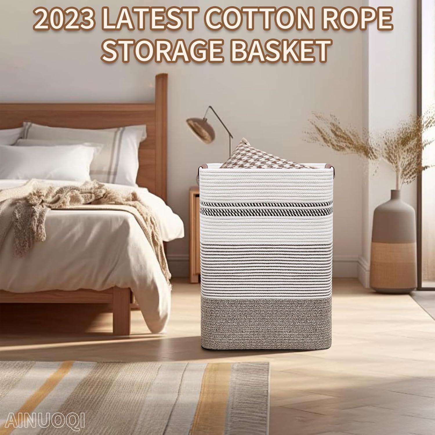 Laundry Hamper - Tall Woven Rope Laundry Basket - Clothes hamper with Leather Handles, 17.8" X 13.8" X 22", Blanket Storage Basket for Living Room, Rice Brown & White