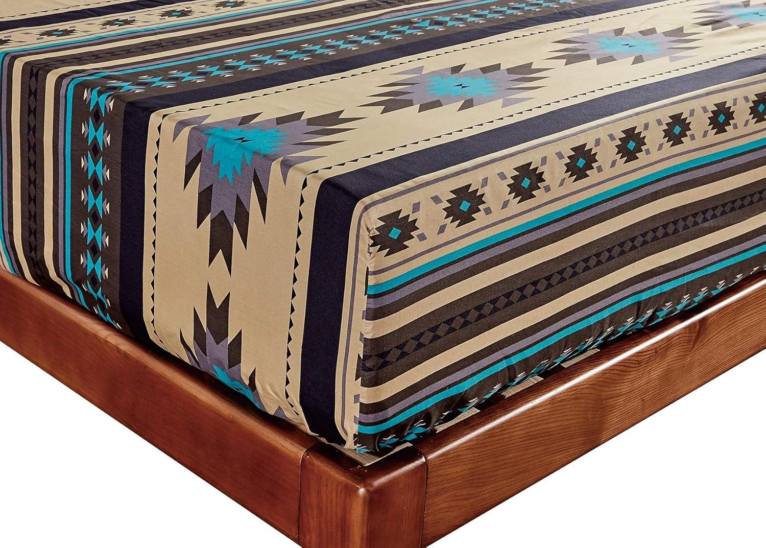 Chezmoi Collection 4-Piece Southwestern Geometric Multicolor Teal Beige Black Gray Sheet Set, California King