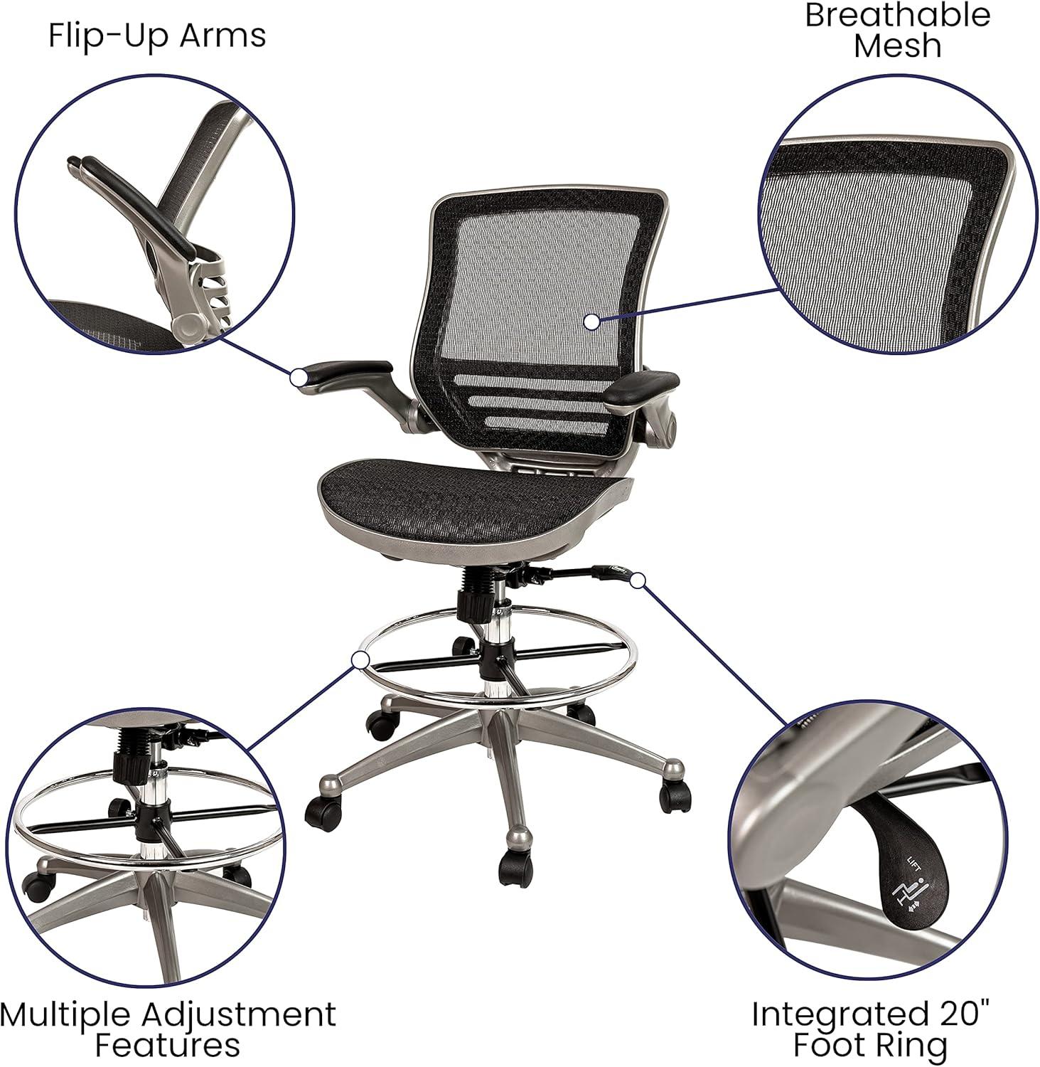 Flash Furniture Mid-Back Transparent Black Mesh Drafting Chair with Graphite Silver Frame and Flip-Up Arms