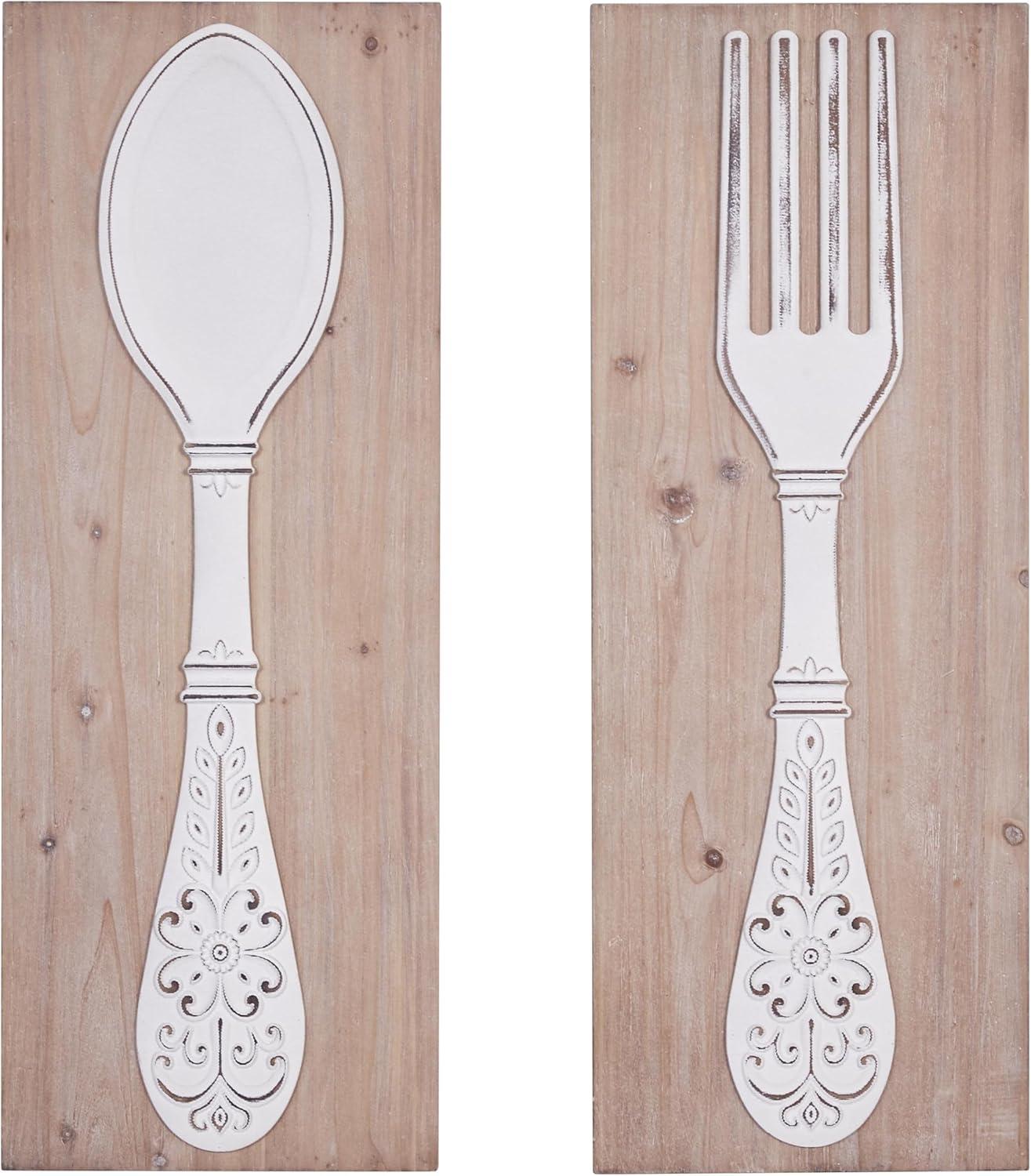 DecMode Brown Wooden Utensils Wall Decor with Carved White Floral Designs (2 Count)