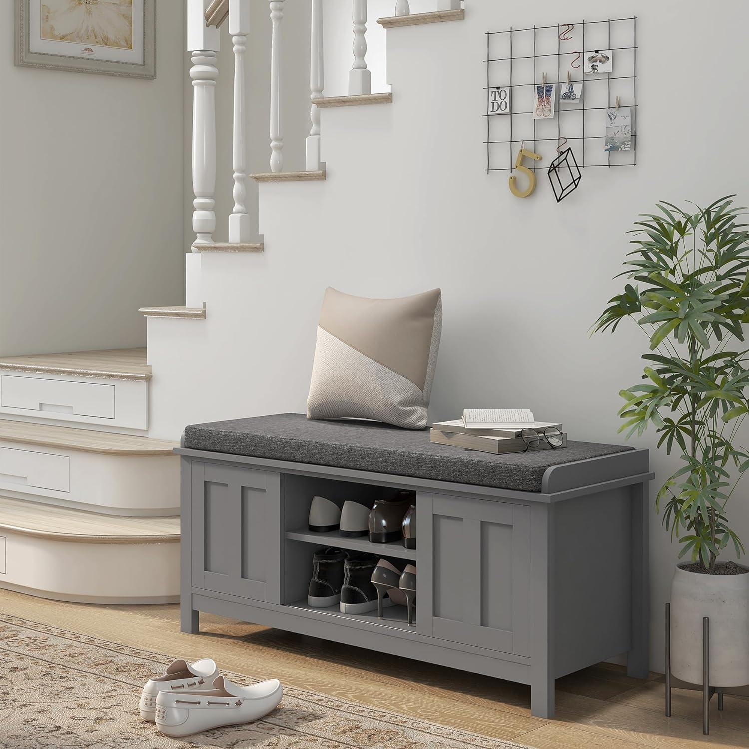 Gray Particleboard Shoe Storage Bench with Cushion and Sliding Doors