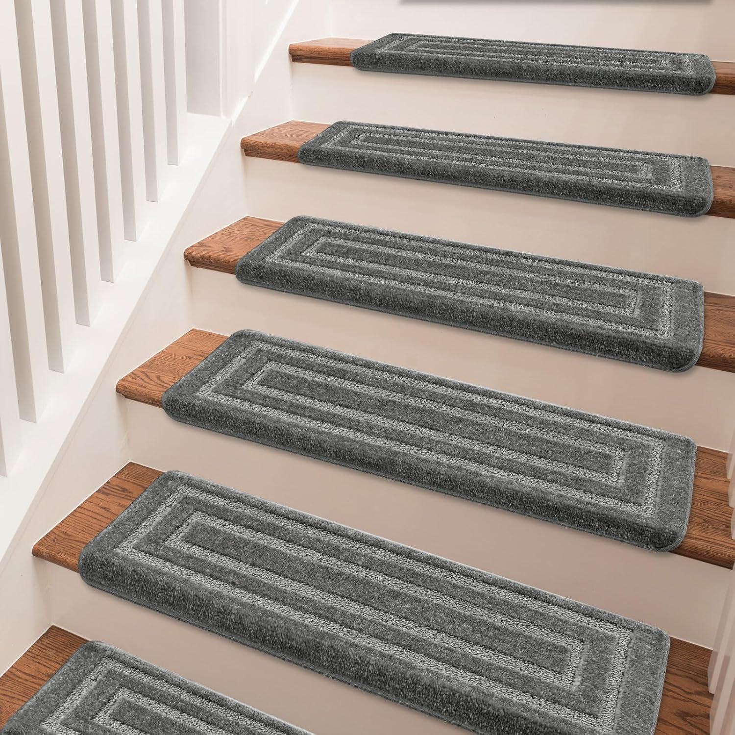 PURE ERA Bullnose Carpet Stair Treads Protectors for Wooden Steps 9.5" x 30"x1.2" Pet Friendly Tape Free Non-Slip (Set of 14 Pieces,Gray Rectangle)