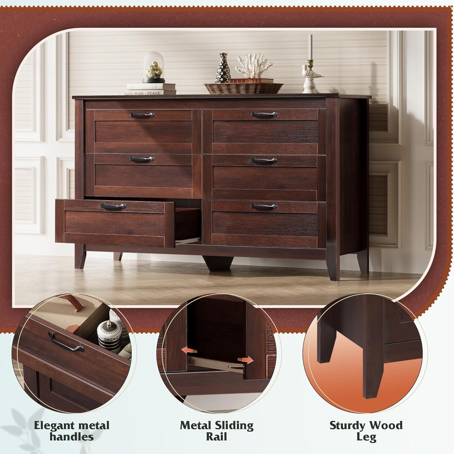 WLIVE Wood Dresser for Bedroom, Double 6 Drawer Dresser with Metal Handle, Large Wooden Chest of Drawers for Living Room, Hallway, Closet, Rustic Brown