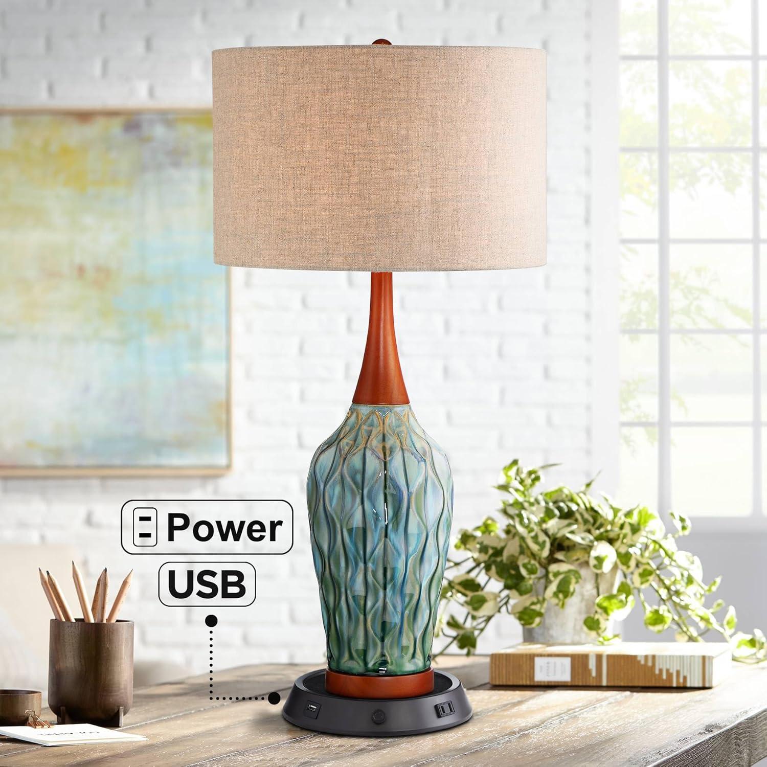 360 Lighting Rocco Modern Mid Century Table Lamp 30" Tall Blue Teal Ceramic with Dimmable USB Workstation Base Linen Drum Shade for Living Room Home