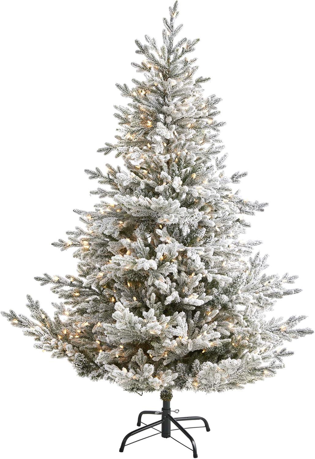 Nearly Natural 6-ft Flocked Fraser Fir Artificial Christmas Tree with 500 Warm White Lights and 236 Bendable Branches