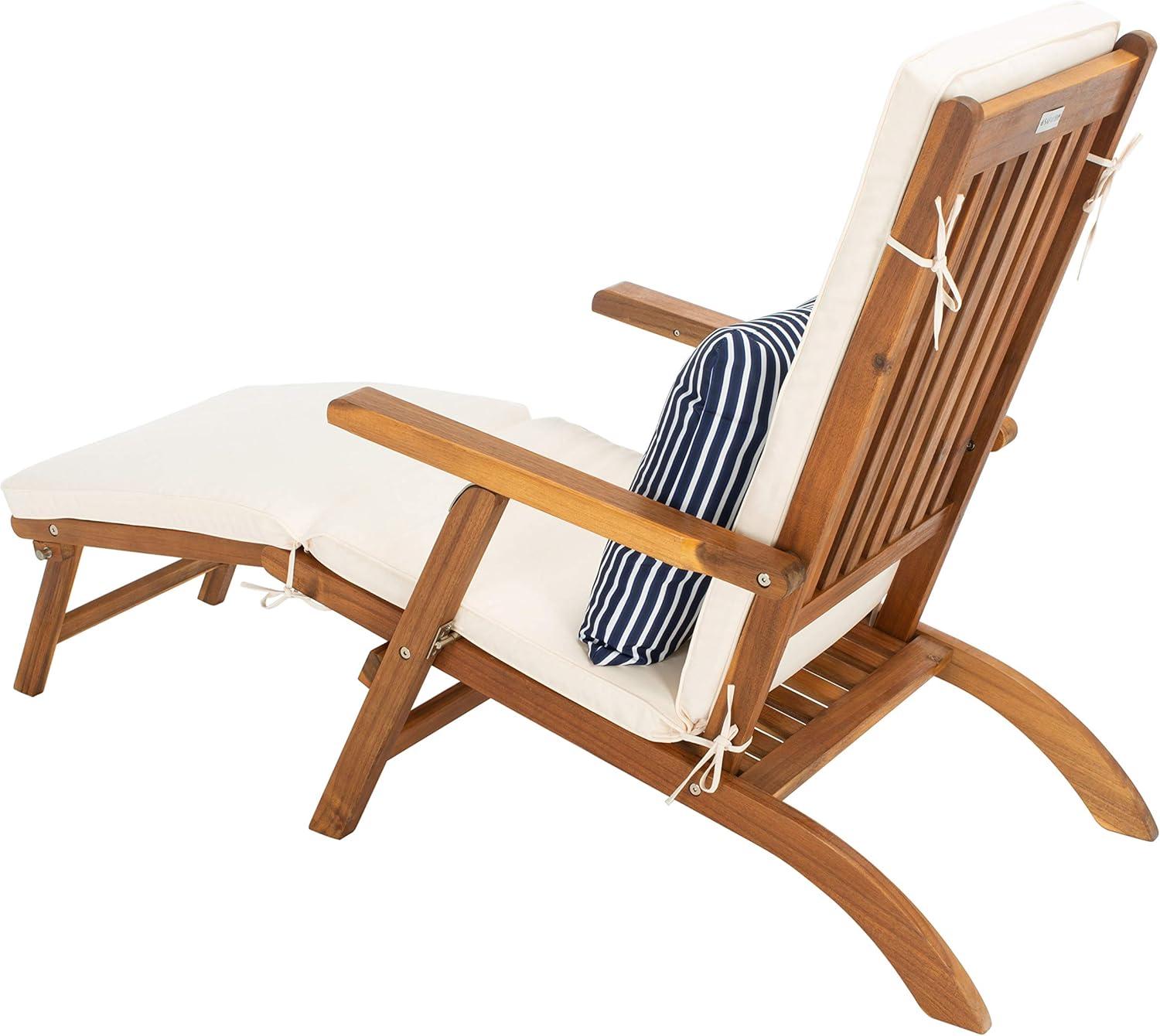 Palmdale Lounge Chair - Outdoor - PAT7015 - Natural/Beige + Blue Stripped Pillow -Safavieh