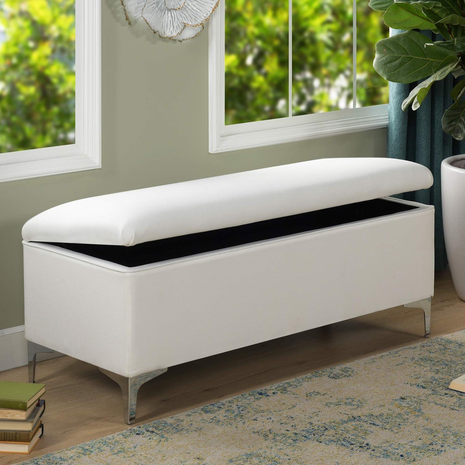 Madelyn Bright White Pine Wood Upholstered Storage Bench