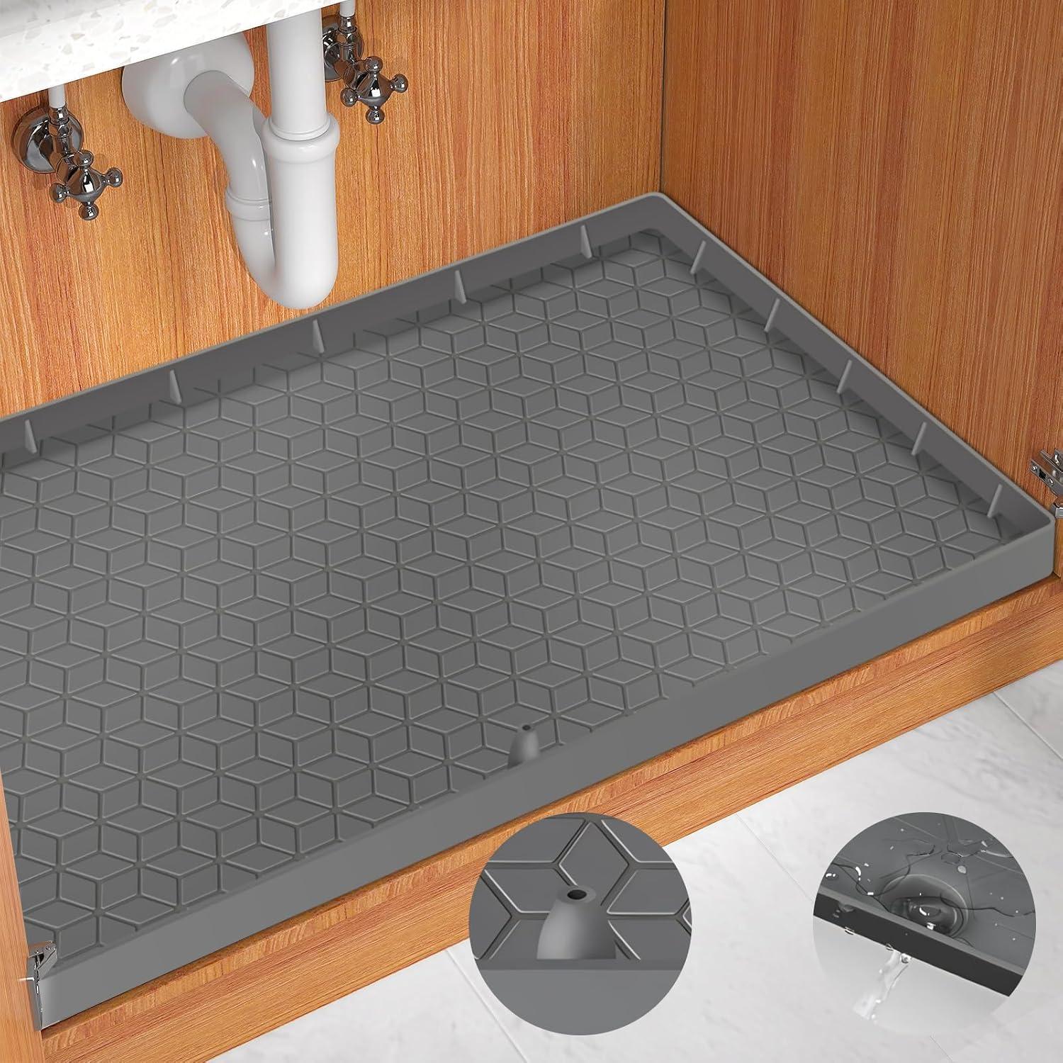 Under Sink Mat, 34" x 22" Waterproof Silicone Under Sink Tray for Kitchen & Laundry Cabinets, Kitchen Cabinet Shelf Protector, Up to 3.3 Gallons Liquid, Fits 36 inch Standard Cabinet (Grey)