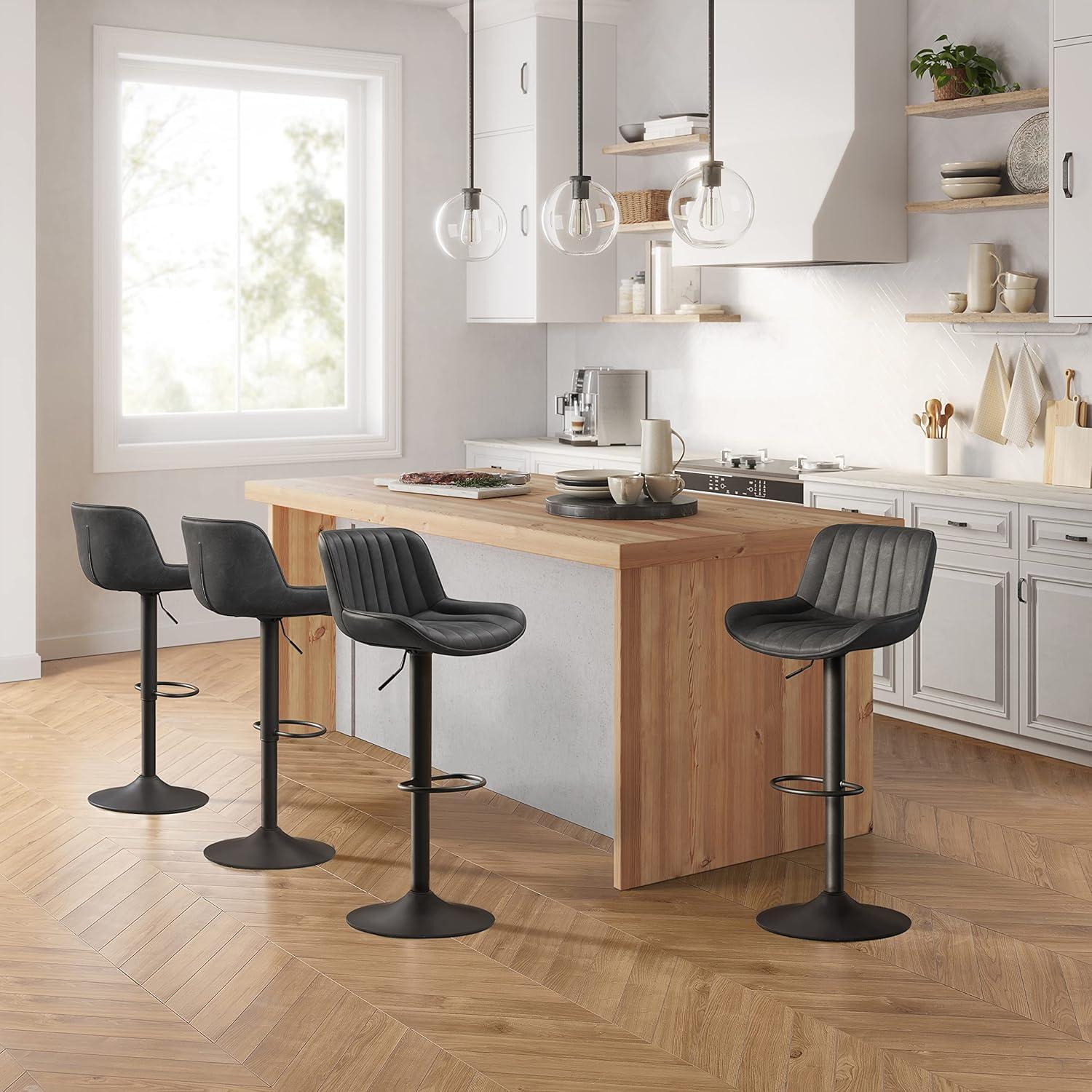Art Leon Rustic Bar Stools Set of 2, Faux Leather with Backrest Chrome Legs, Upholstered Swivel Kitchen Stools, Black Brown