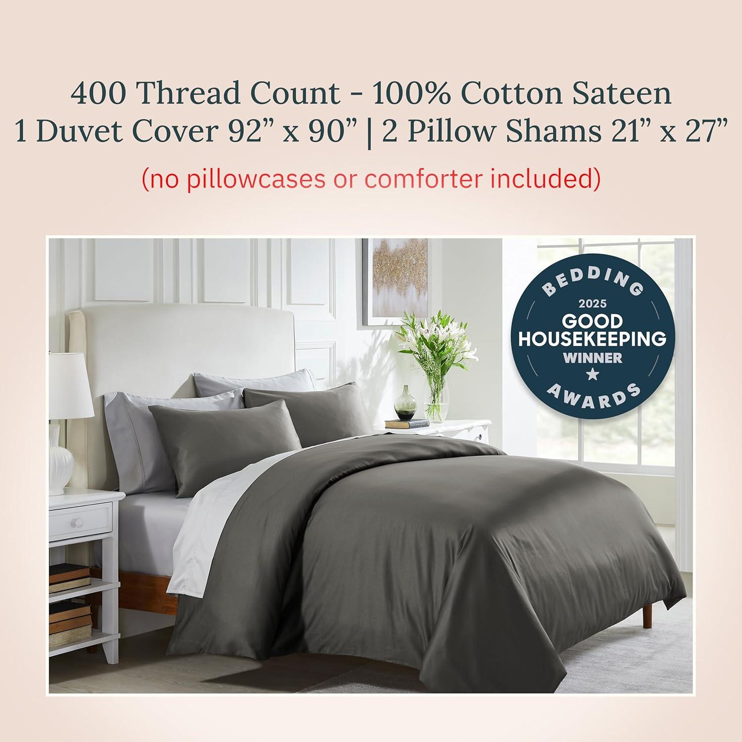 Dark Gray Duvet Cover Full / Queen - 400 Thread Count , 100% Pure Cotton Comforter Cover and Two Pillow Shams, with Button Closure and Corner Ties