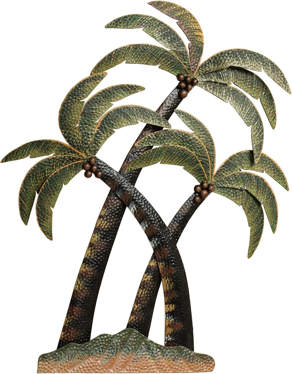 Handpainted Green and Brown Metal Palm Tree Wall Sculpture