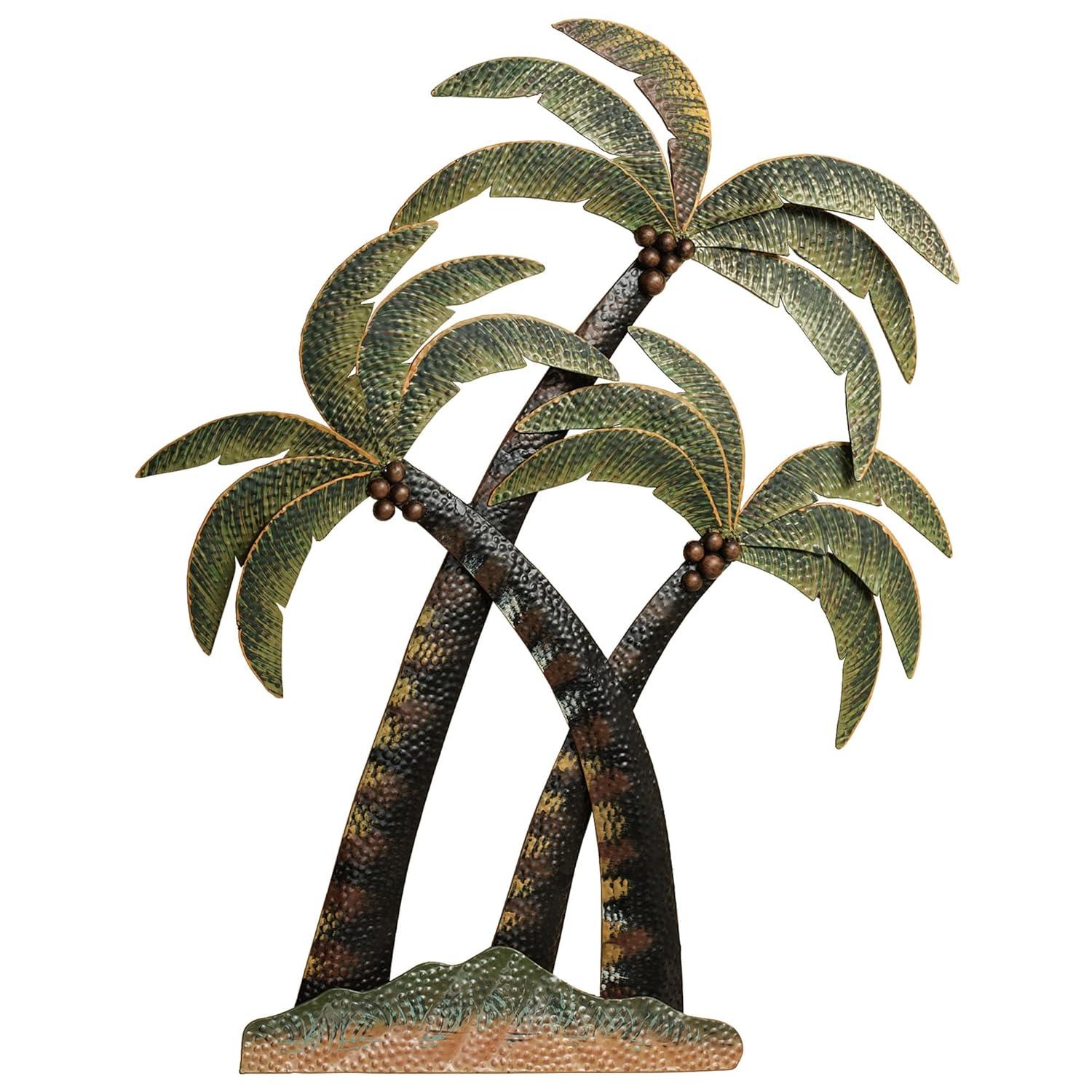 Handpainted Green and Brown Metal Palm Tree Wall Sculpture