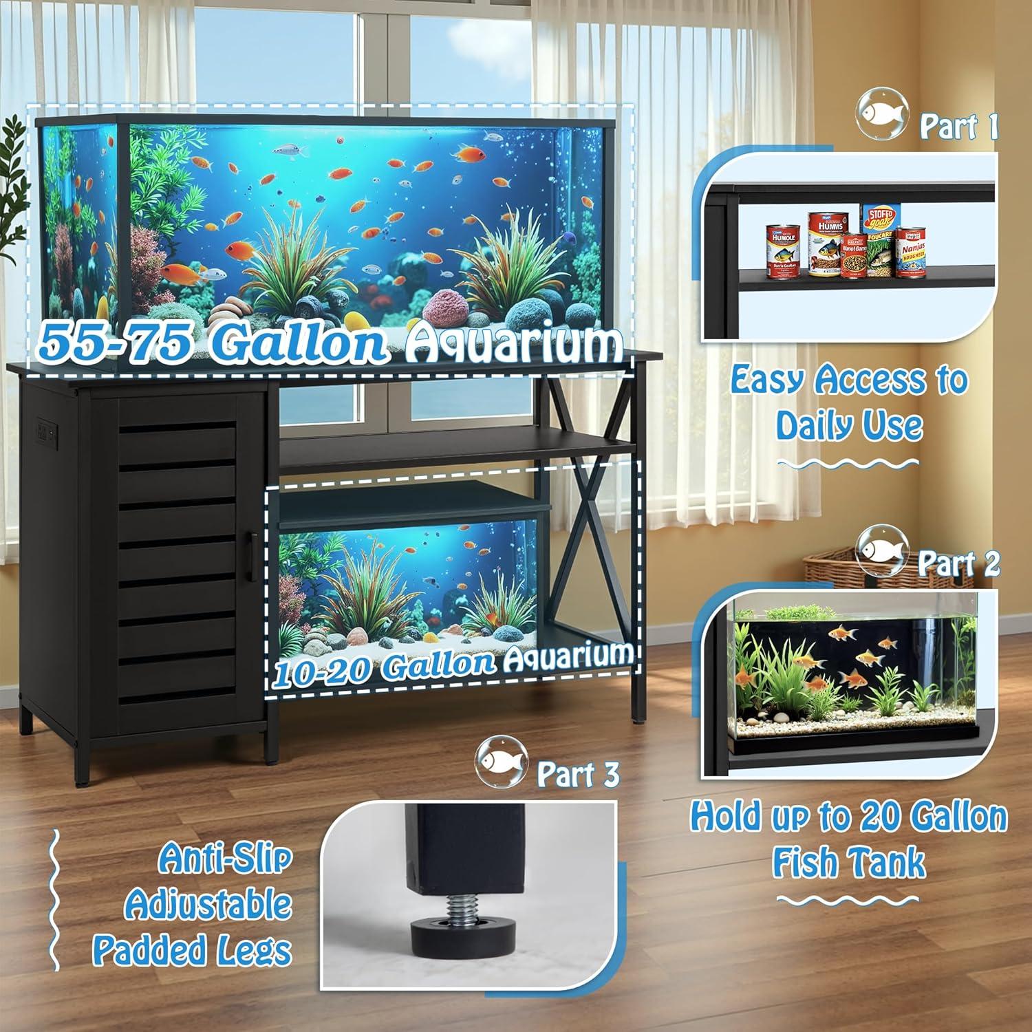 Bestier 55 Gallon Fish Tank Stand Metal Aquarium Stand with Storage Cabinet & Power Outlets LED Light, 750lbs Capacity, Black