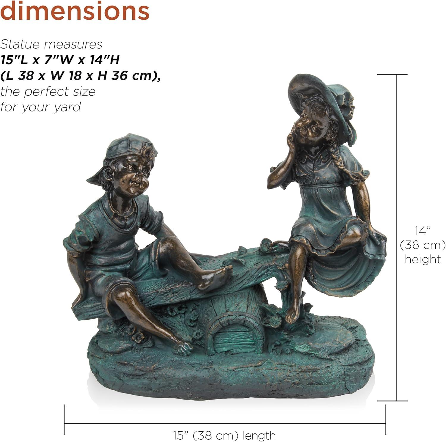 14" Indoor/Outdoor Girl and Boy Playing on Teeter Totter Statue Yard Décor Bronze - Alpine Corporation