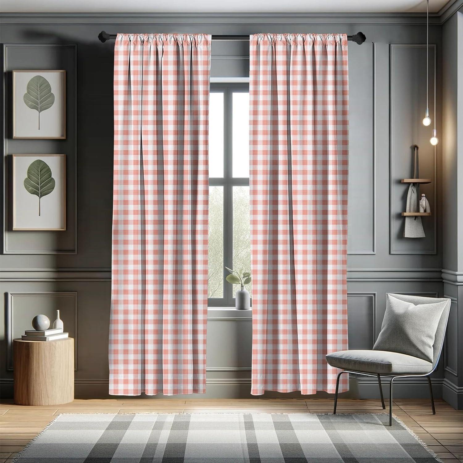 Pale Peach and White Gingham Rod Pocket Curtain Panel Pair