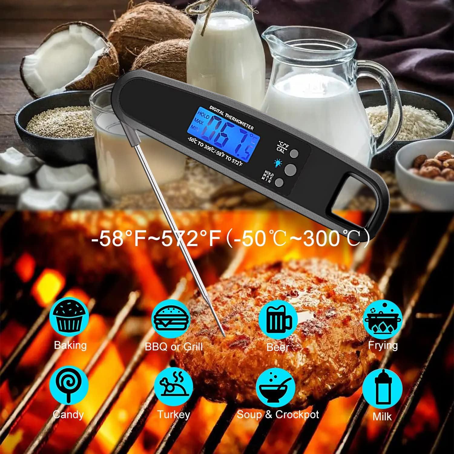 Instant Read Meat Thermometer for Kitchen Cooking, Digital Food Thermometer for Deep Fry, Outdoor BBQ, Grill in Black