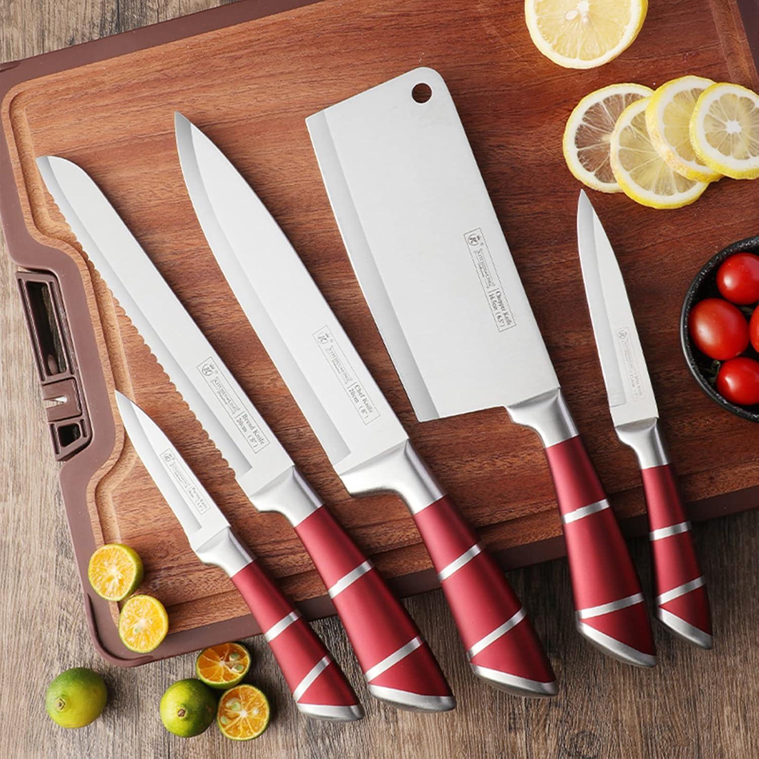 Kitchen Knife Set, 9-Pieces Red Coated Knife Block Set, Stainless Steel Chef knife Set with Sharpener Peeler Scissors, Sharp Non-Stick Knives Set with Rotatable Holder for Cutting Slicing Dicing