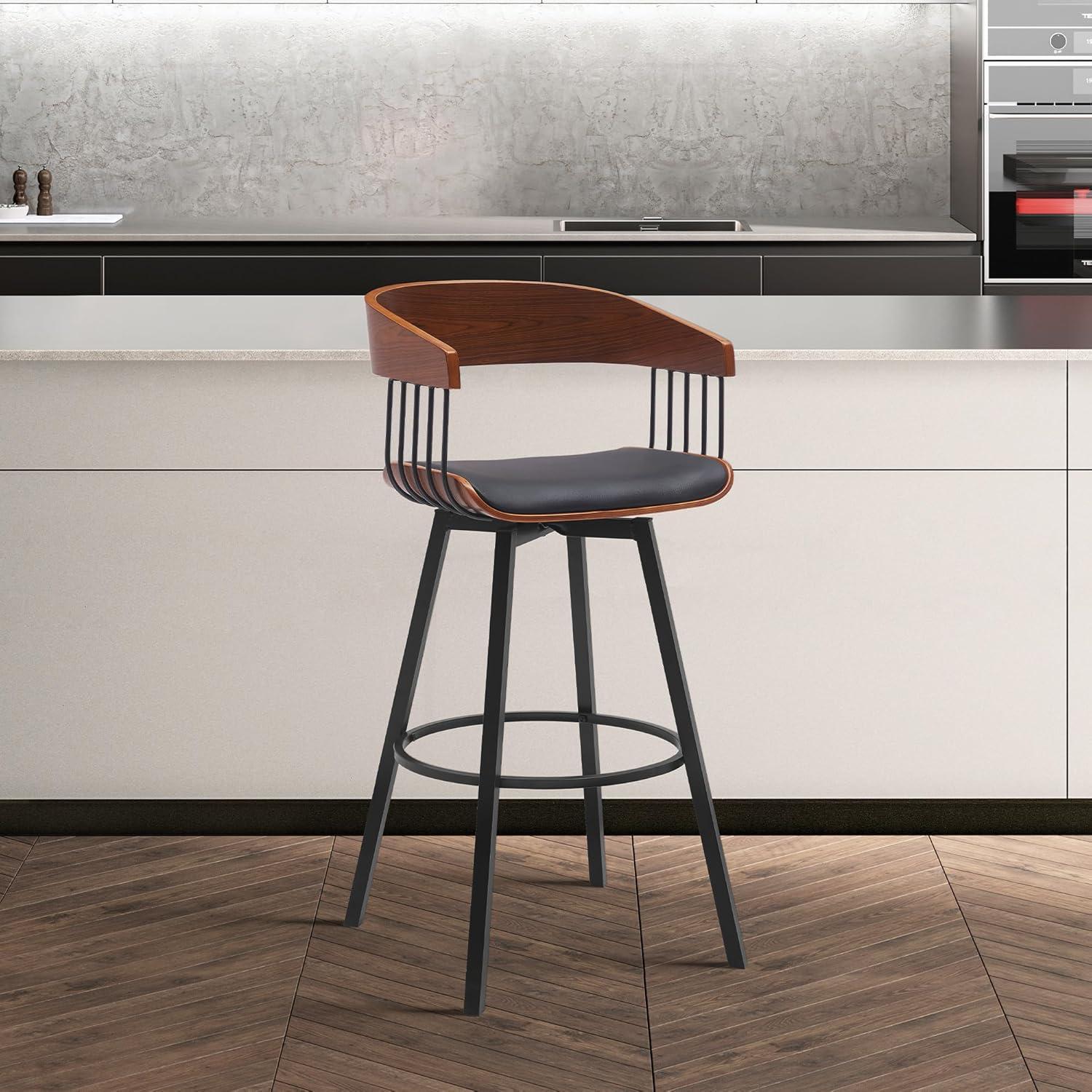 Armen Living Indoor Athena 31" Swivel Walnut Wood Bar Stool in Black Faux Leather with Black Metal