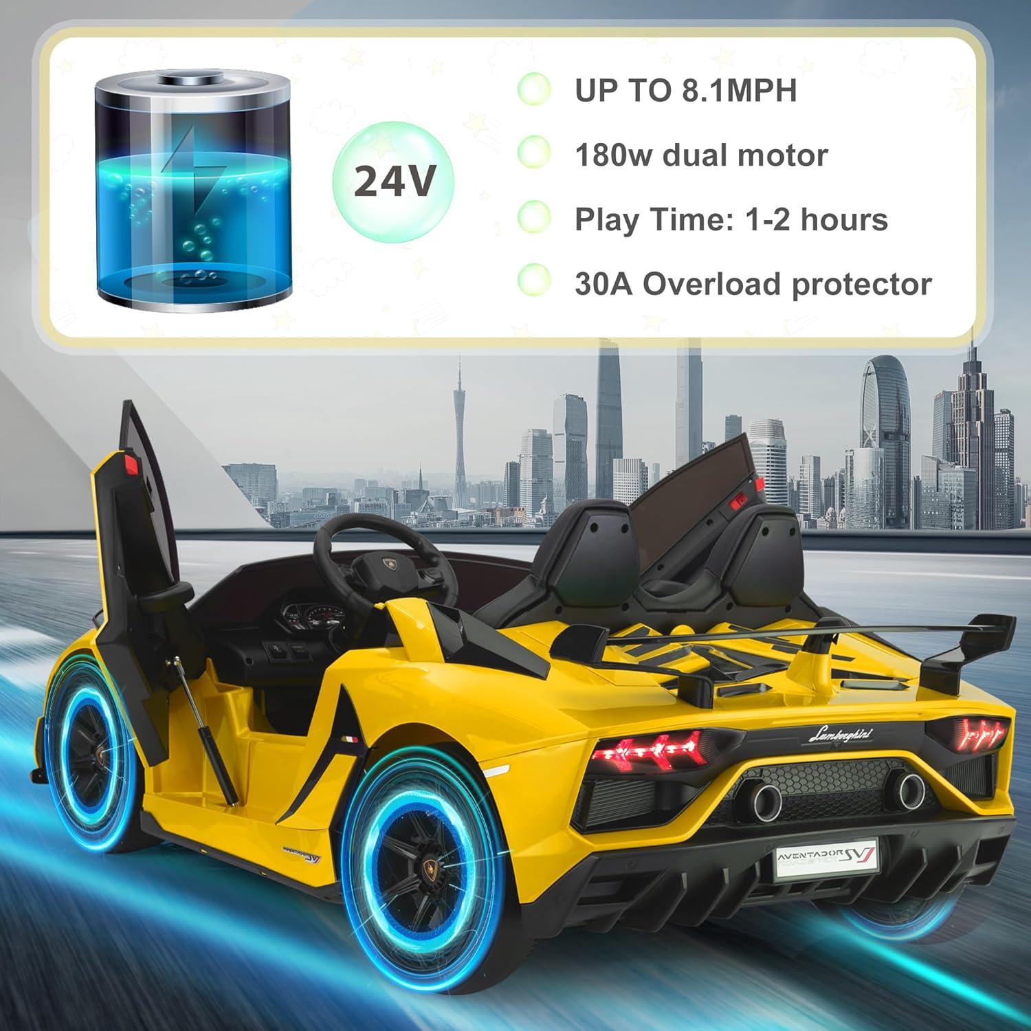 24V Lamborghini 2-seater Battery Powered Ride on with High/Low speed switch, Slow start function, Battery level display, MP3, USB, Light Drift Car for Kids 3-8