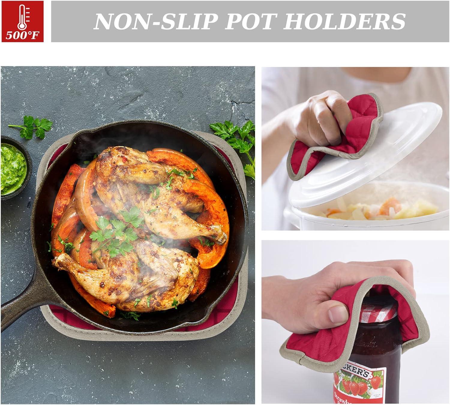 Oven Mitts and Pot Holders Set with Kitchen Towels and Dishcloths, 500 Degree Heat Resistant Oven Gloves and Hot Pads, Premium Soft Cotton Kitchen Hand Towels and Dish Cloth Sets (Red)