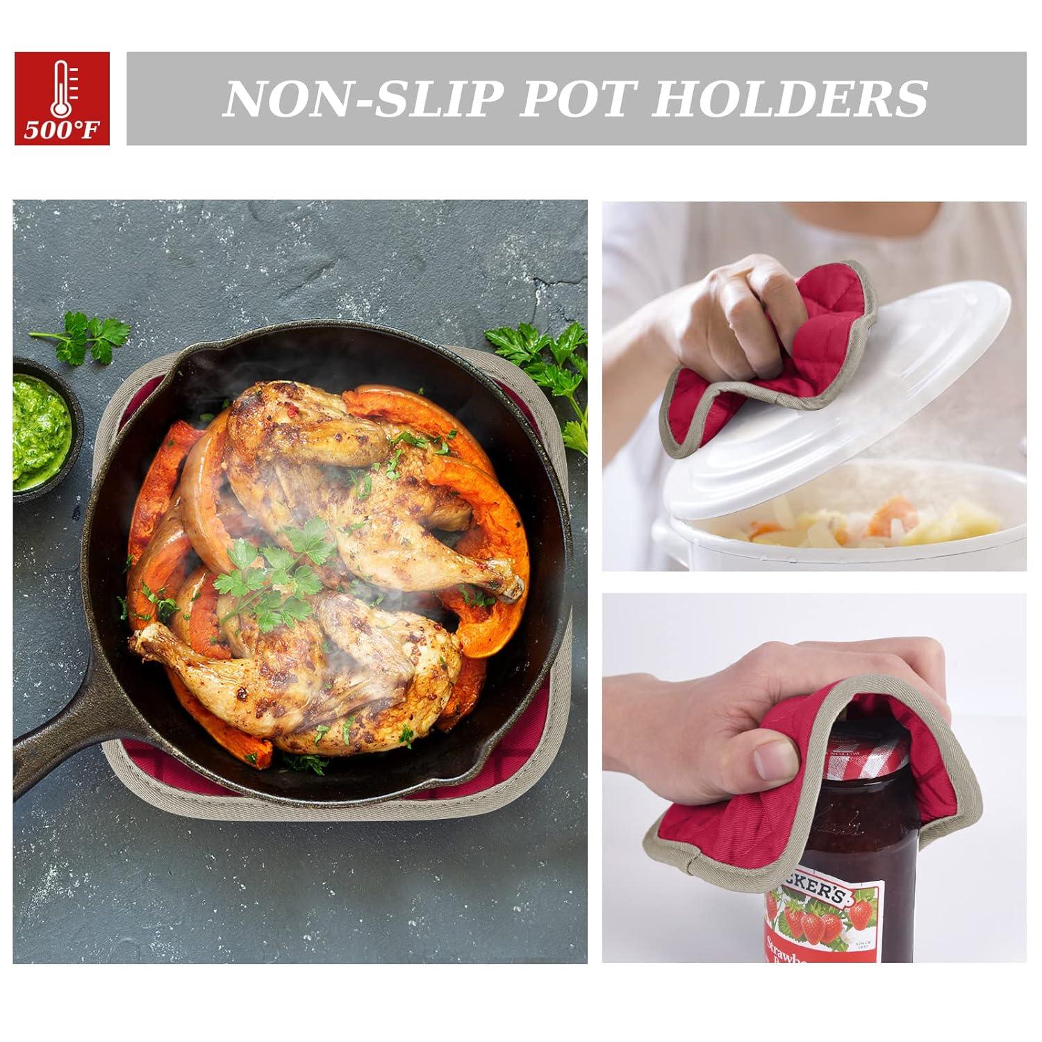 Oven Mitts and Pot Holders Set with Kitchen Towels and Dishcloths, 500 Degree Heat Resistant Oven Gloves and Hot Pads, Premium Soft Cotton Kitchen Hand Towels and Dish Cloth Sets (Red)