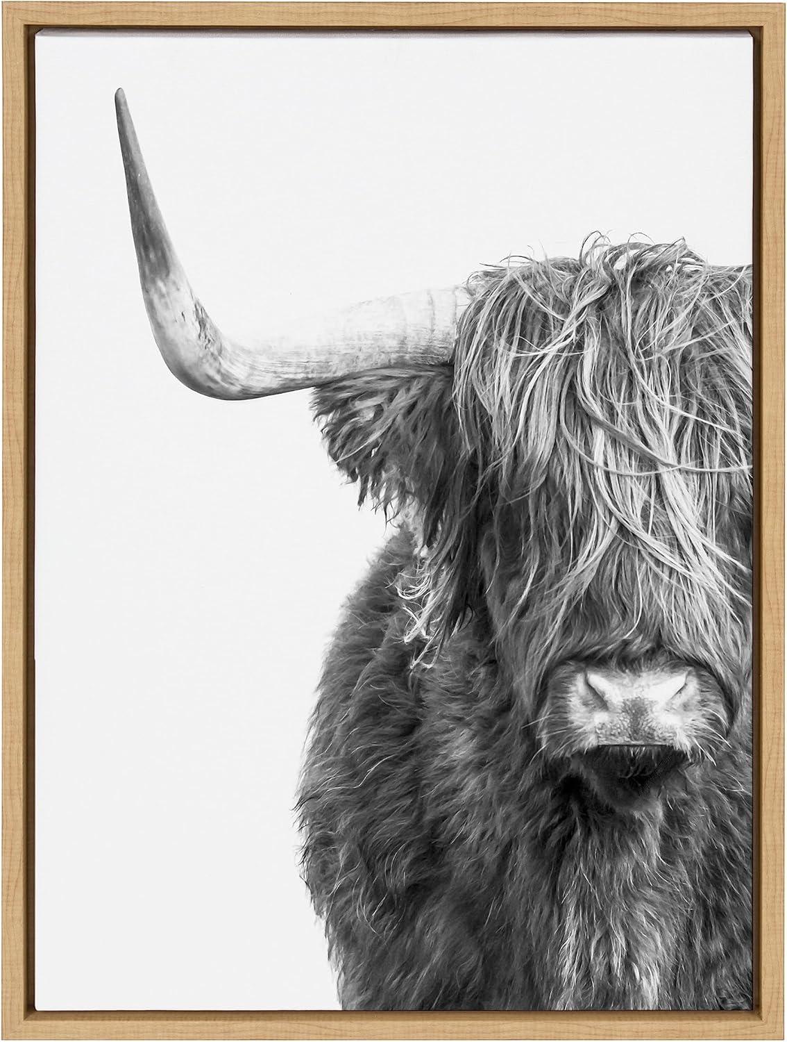 Black and White Highland Cow Canvas Print with Natural Wood Frame