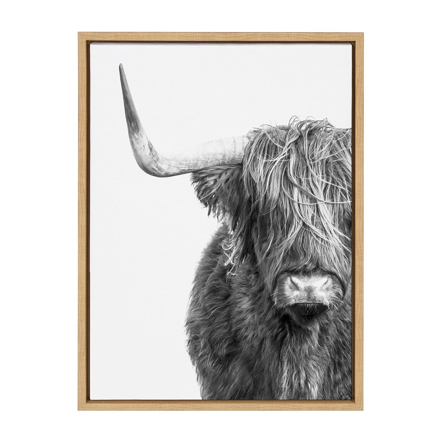 Black and White Highland Cow Canvas Print with Natural Wood Frame