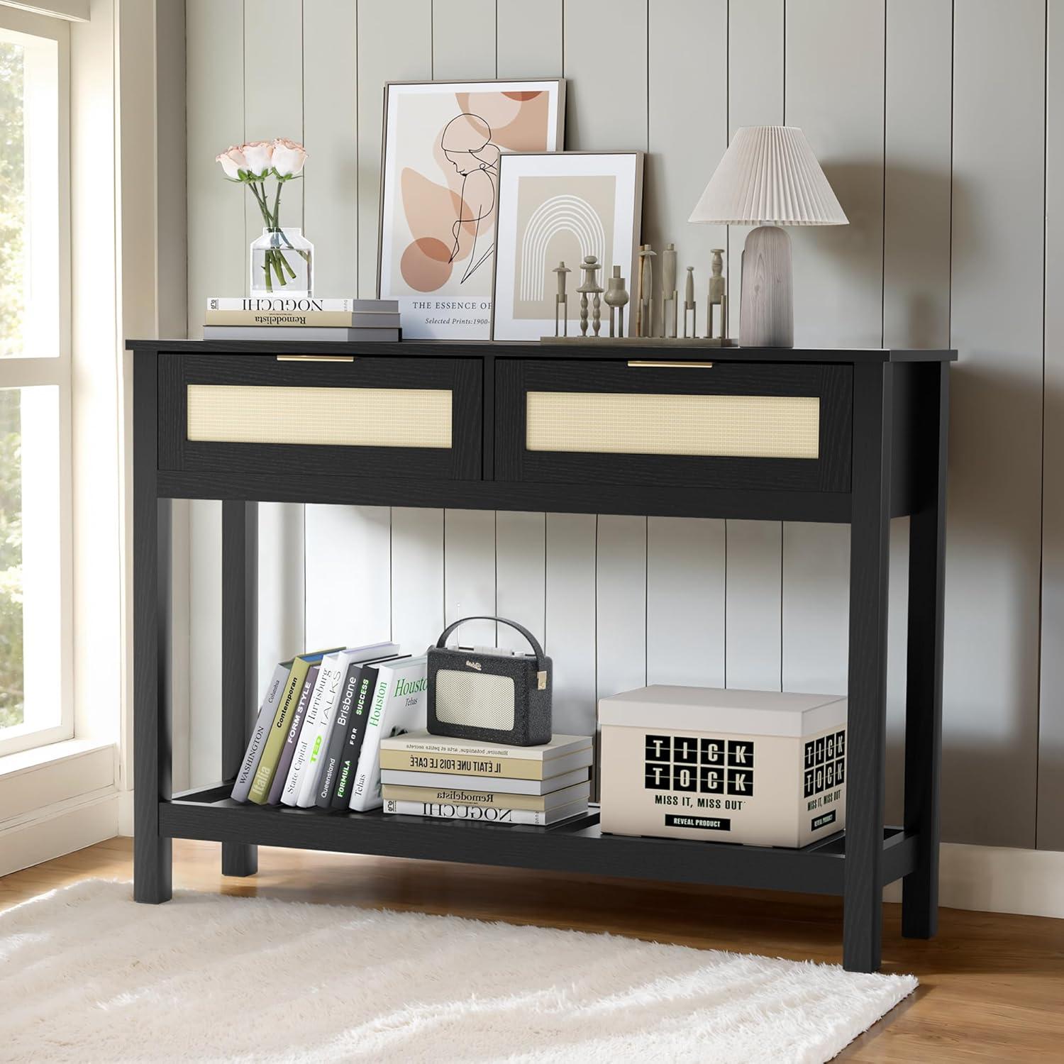 Console Tables with 2 Drawers,Rattan Entryway Table with Storage Shelf,Wood Boho Foyer Tables for Entryway,Farmhouse Console Tables for Living Room,Hallway, Sofa Table,Study Or TV Wall