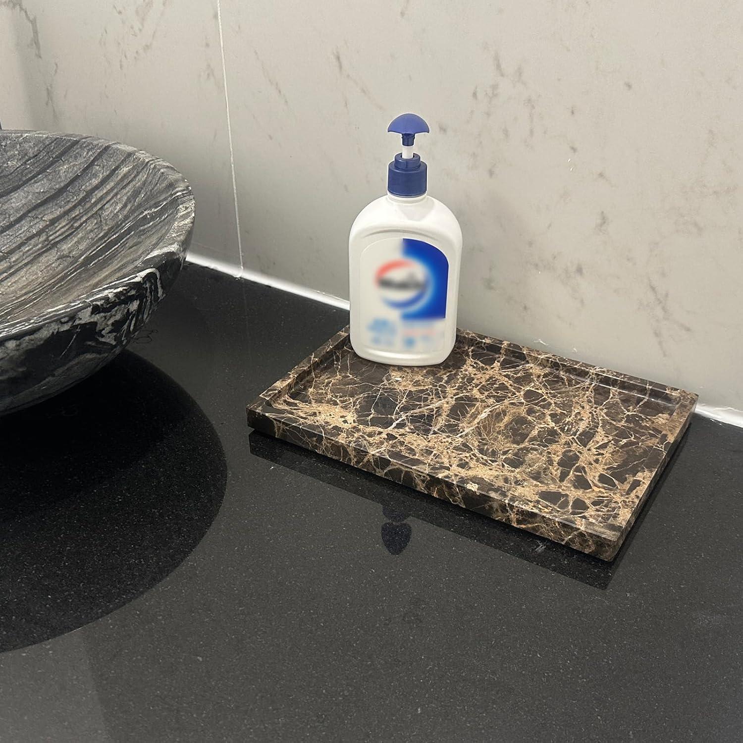 Natural Marble Tray for Bathroom Countertop, Dark Brown Marble Stone Tray for Kitchen Counter (Coffee Net, 12" x 8")