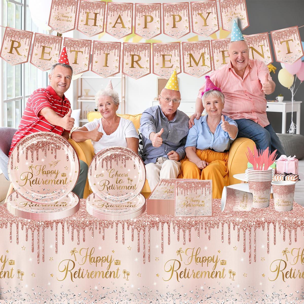 142pcs Rose Gold Retirement Party Decorations for Women, Happy Retirement Disposable Plates Napkins Cups Tablecloth Banner Cutlery for Retired Party Supplies