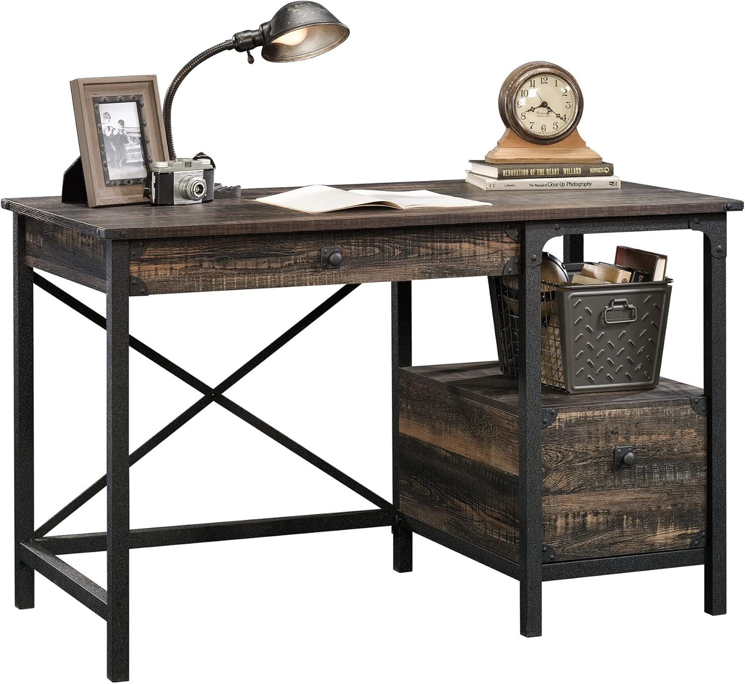 Rustic Carbon Oak Workstation with Powder-Coated Metal Frame