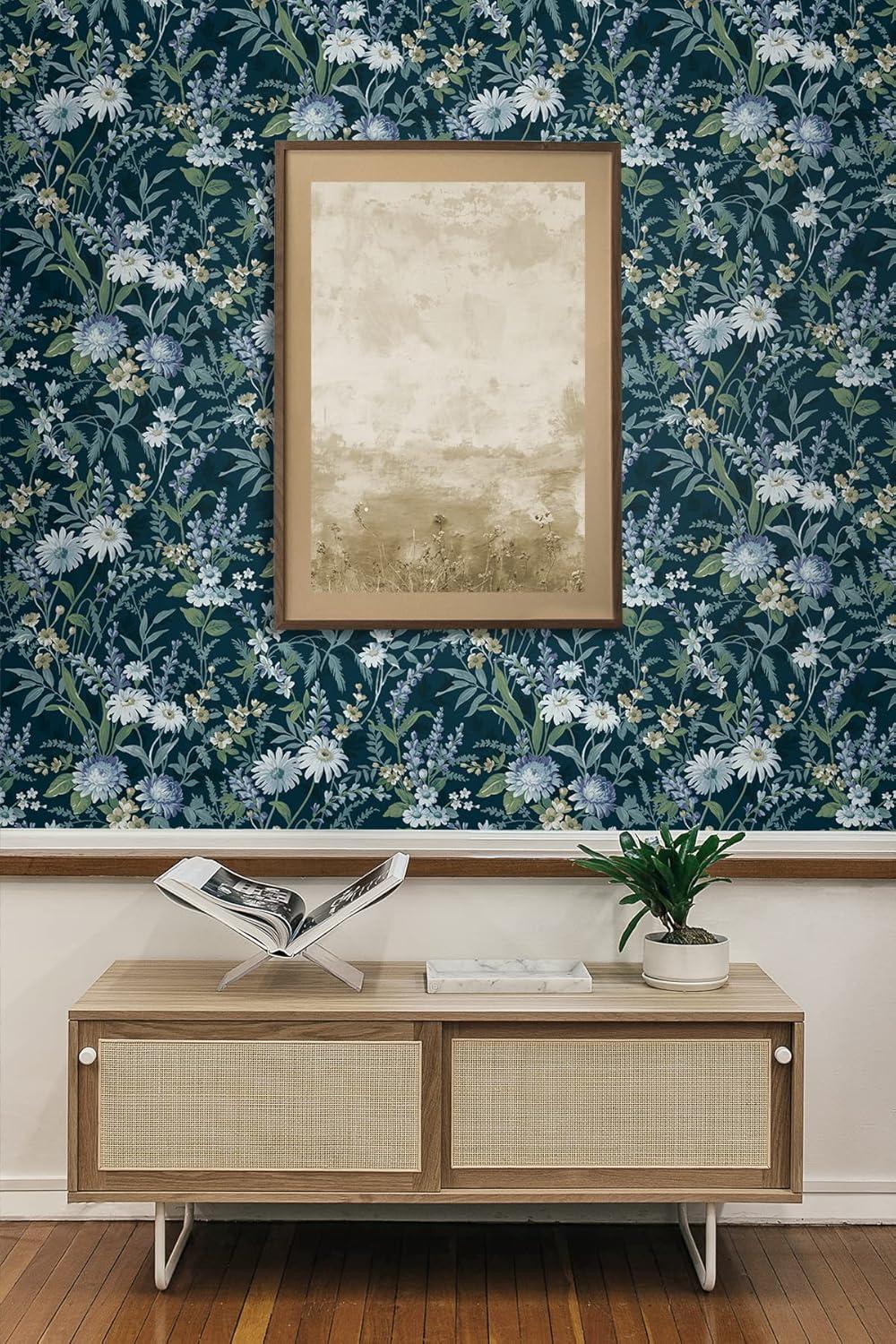 NextWall  Vintage Floral Peel and Stick Wallpaper 20.5 in. W x 18 ft. L - Teal
