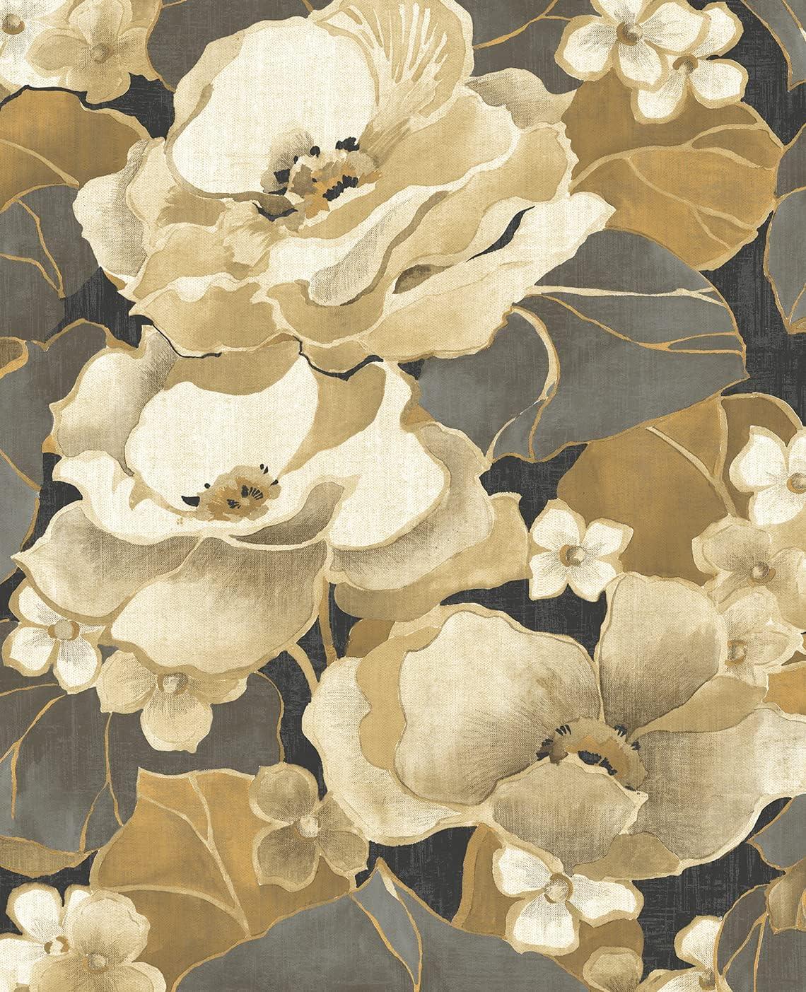 NextWall Ebony & Antique Gold Nouveau Floral Peel and Stick Wallpaper