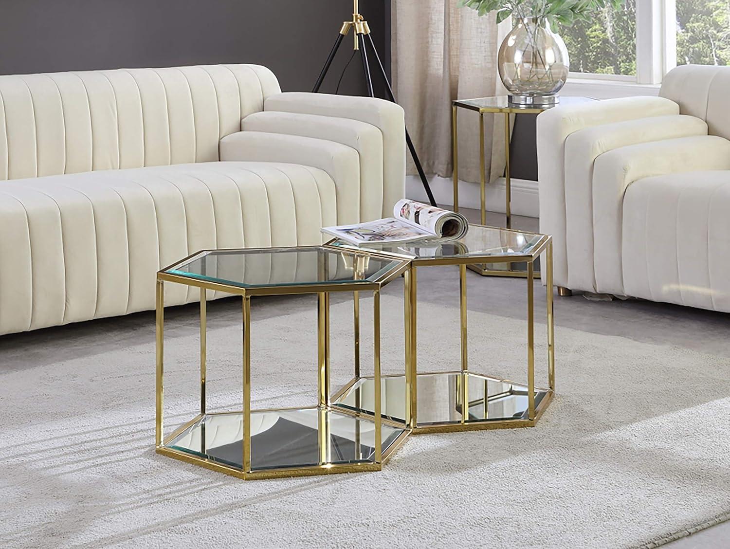 Elegant Brushed Gold and Glass Modular Coffee Table Set